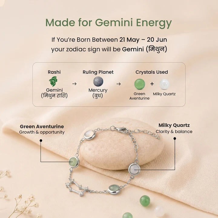 Gemini Zodiac Constellation Bracelet with Free Raw Selenite Plate