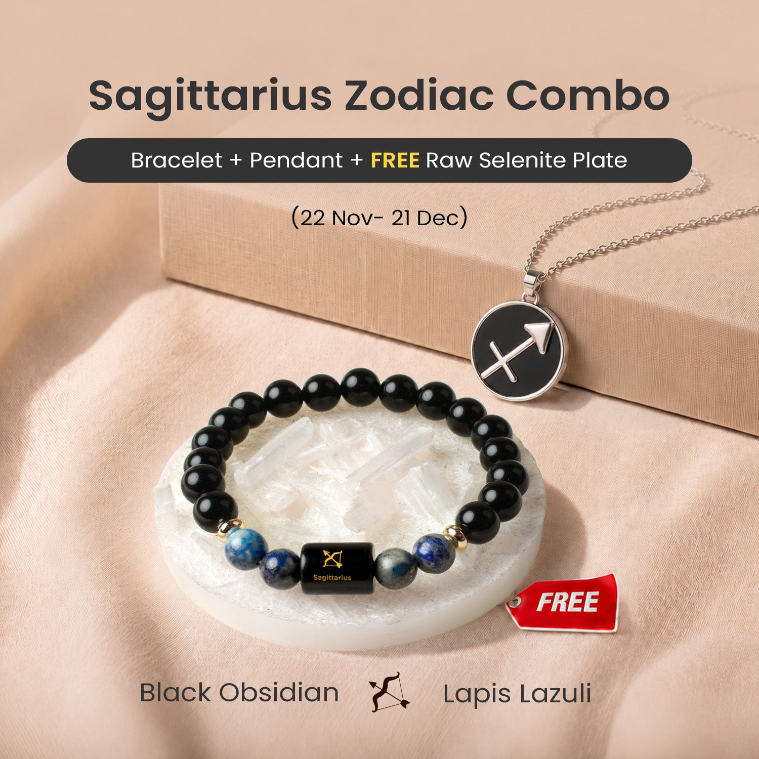 Sagittarius Zodiac Bracelet with Pendant & Free Selenite Plate
