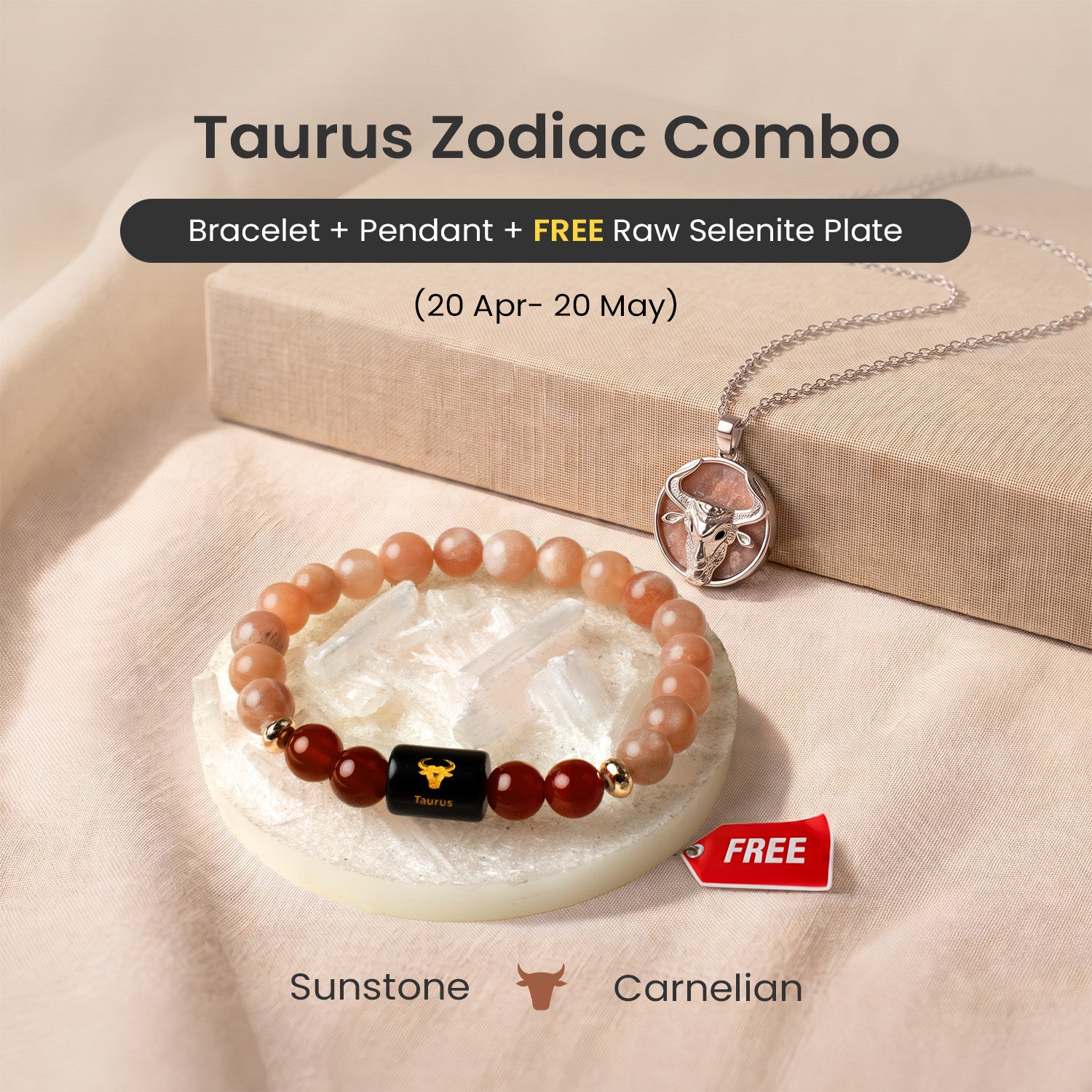 Taurus Zodiac Bracelet with Pendant & Free Selenite Plate