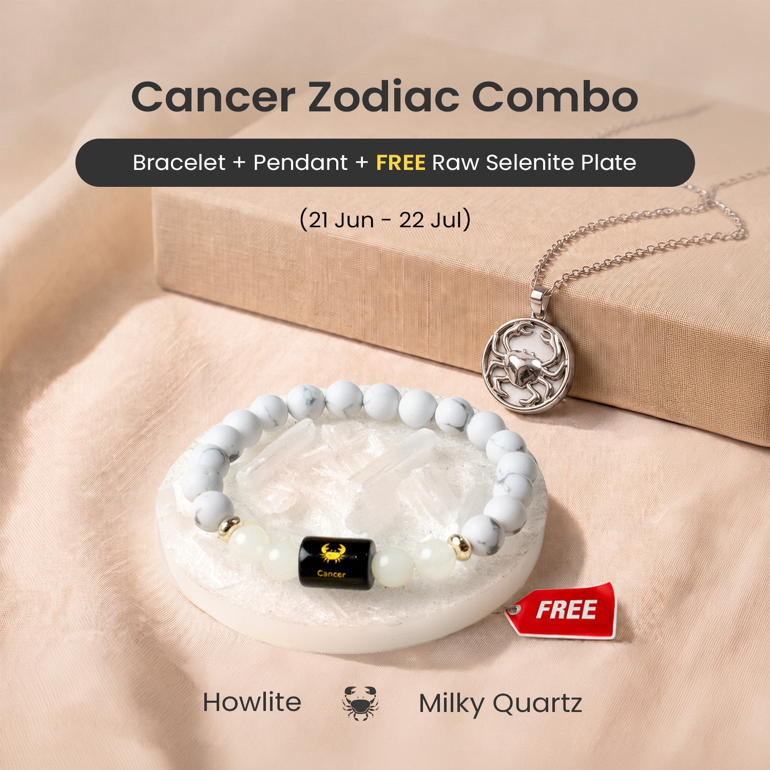 Cancer Zodiac Bracelet with Pendant & Free Selenite Plate