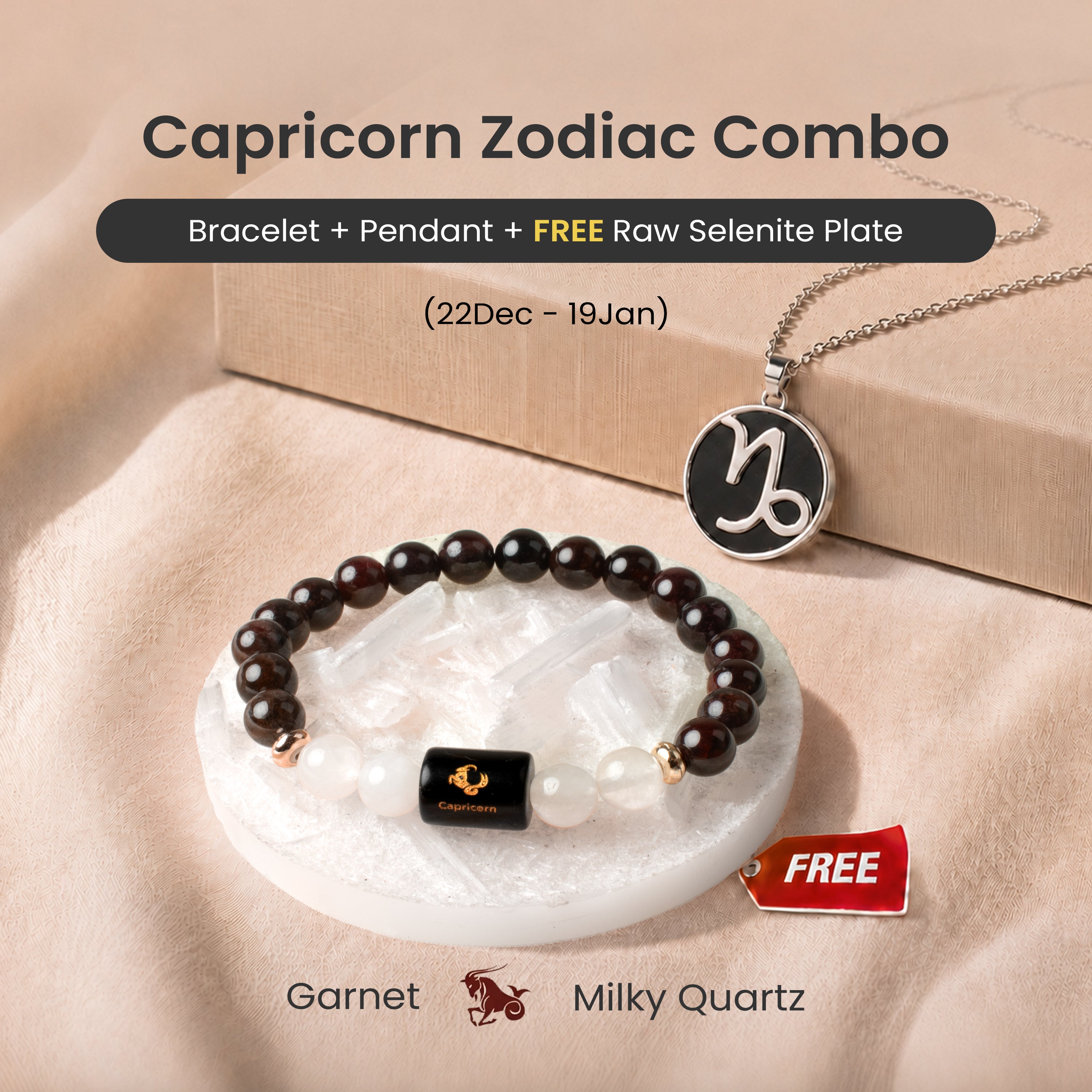 Capricorn Zodiac Bracelet with Pendant & Free Selenite Plate