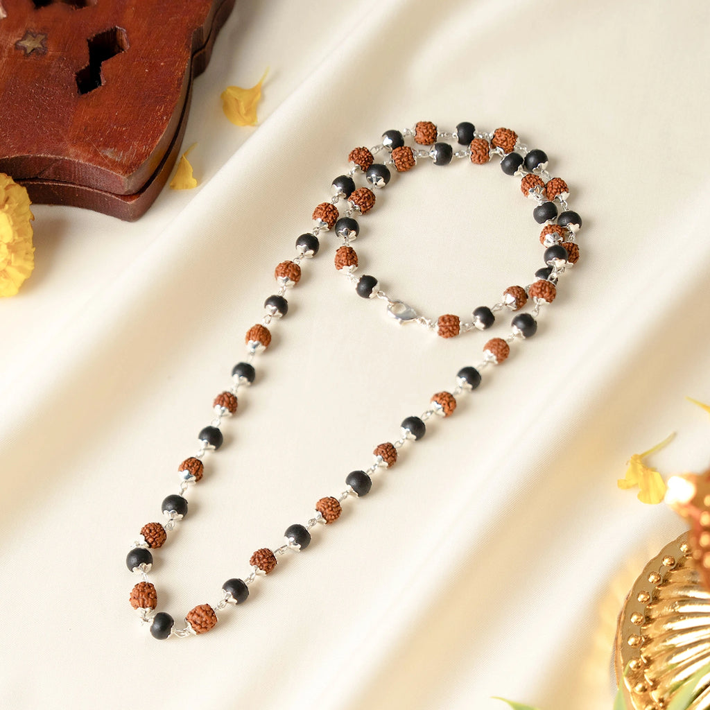 Divya Raksha Rudraksha & Karungali Mala with Silver Capping
