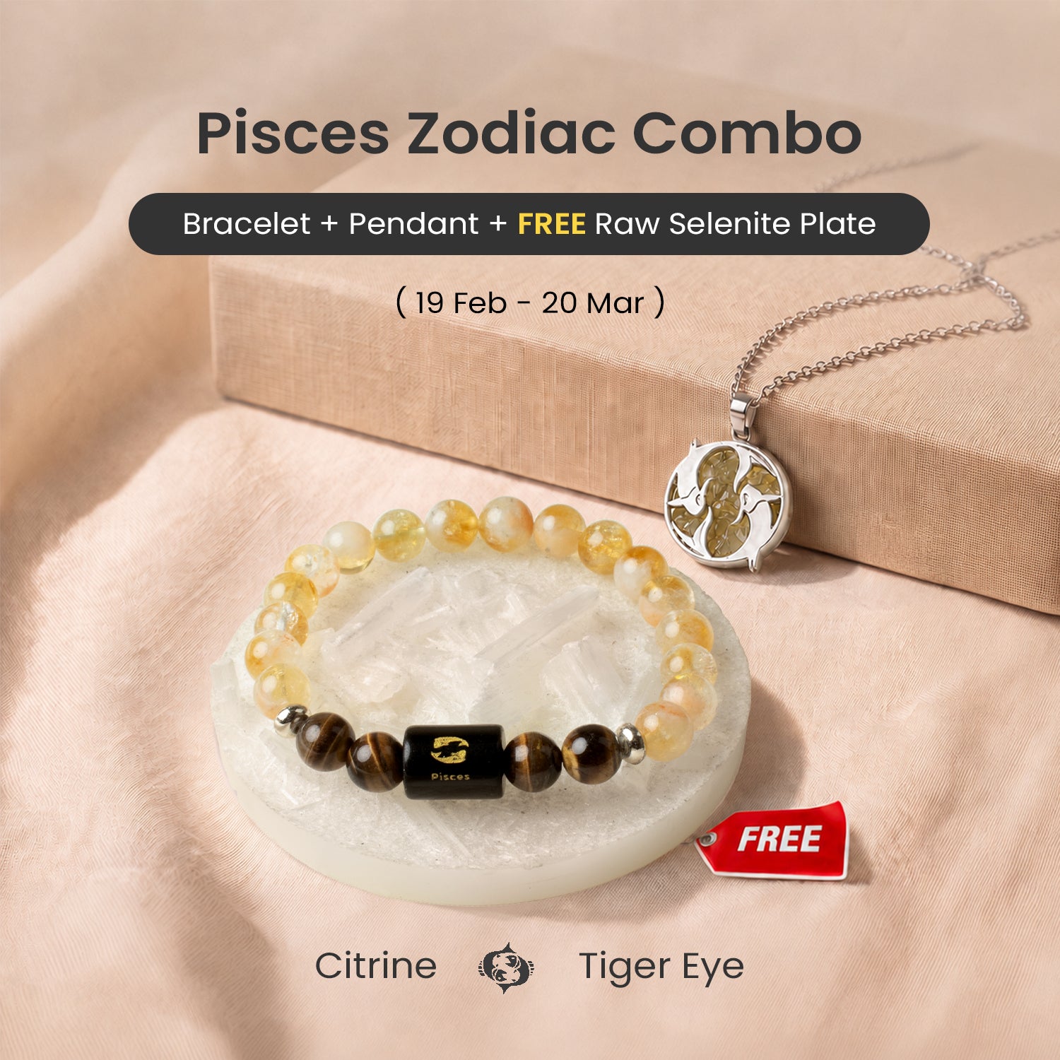 Pisces Zodiac Bracelet with Pendant & Free Selenite Plate