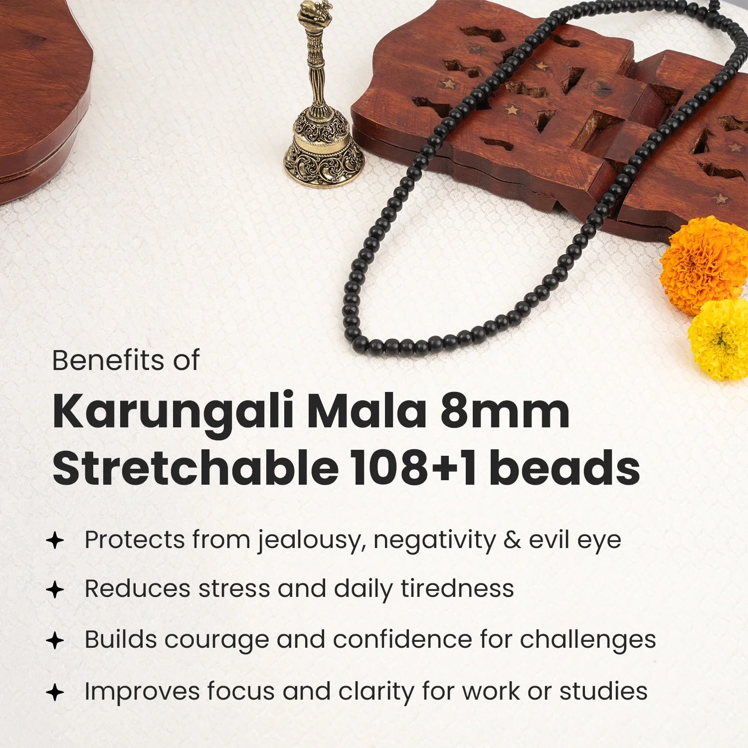 Karungali Malai 8mm Stretchable - 108+1 Beads (Original Ebony Wood)