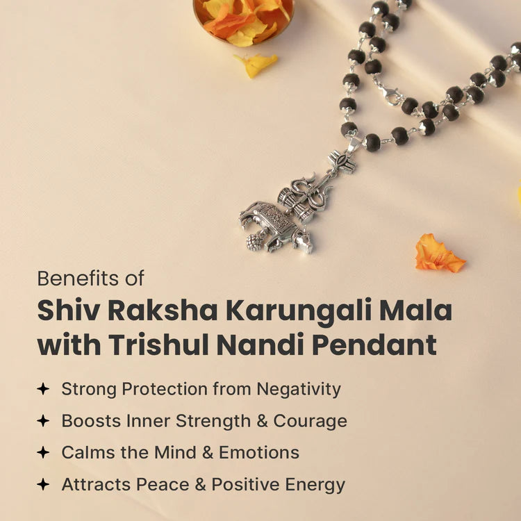 Shiv Raksha Karungali Mala with Trishul Nandi Pendant
