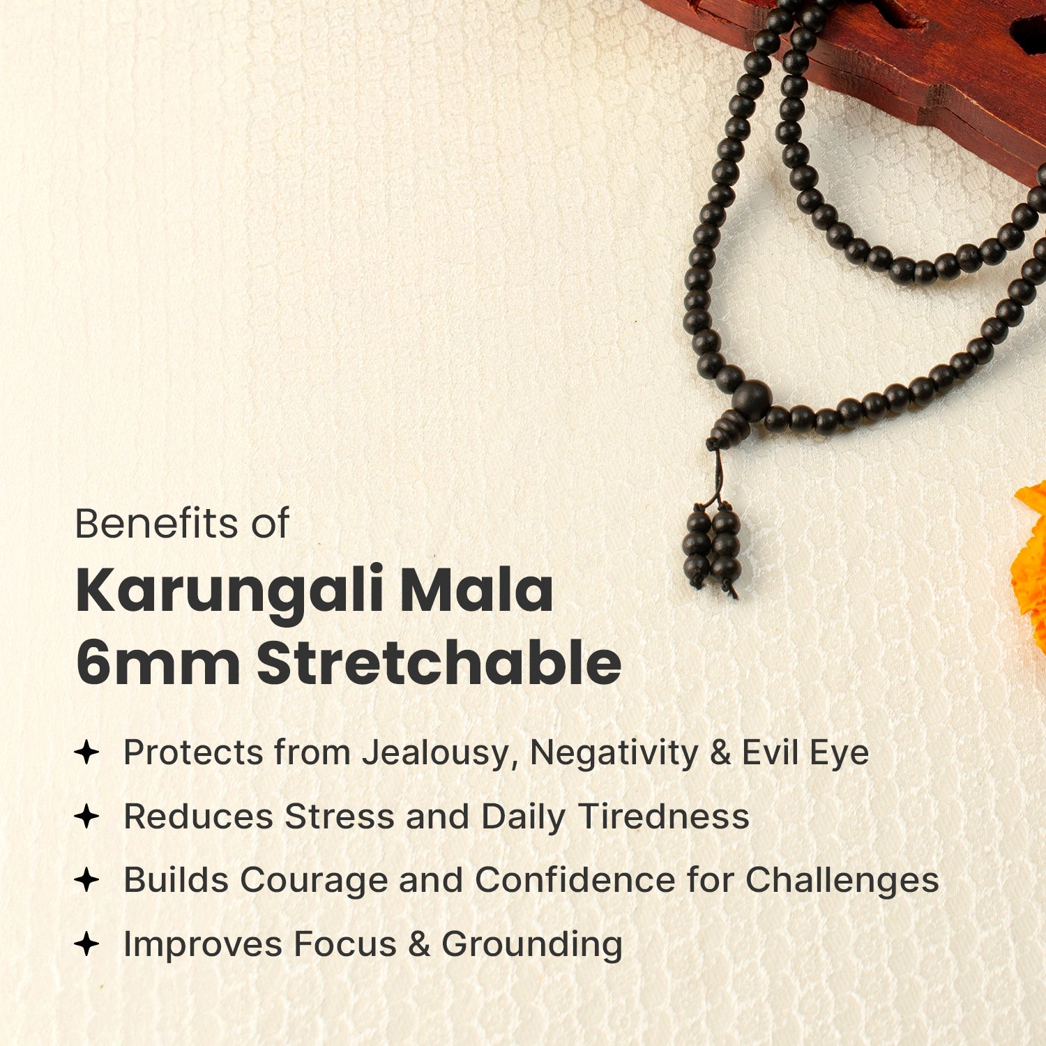 Karungali Malai 6mm Stretchable - 108+1 Beads (Original Ebony Wood)