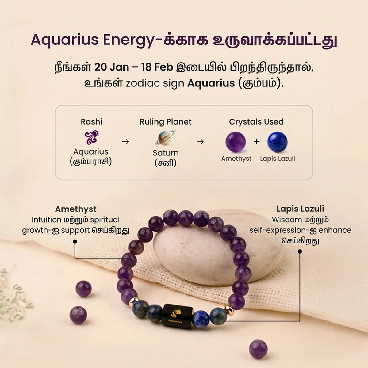Aquarius (கும்ப ராசி) Zodiac Amethyst & Lapis Lazuli Bracelet