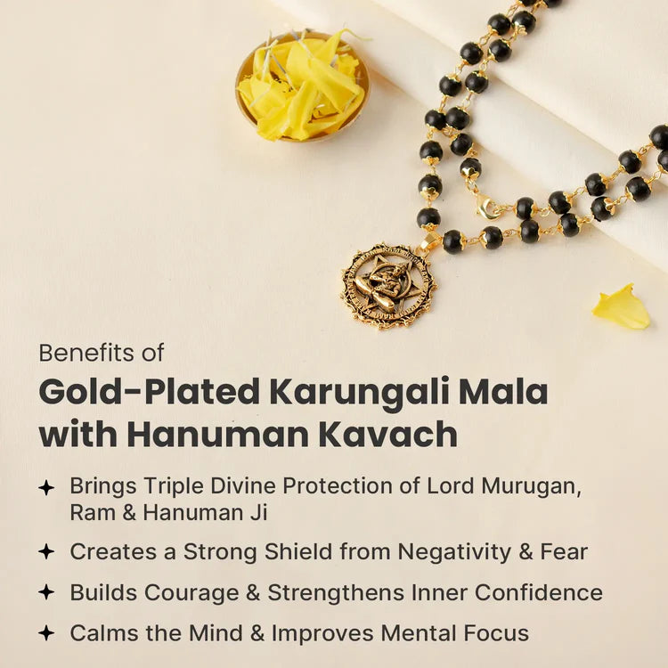 Gold-Plated Karungali Mala with Hanuman Kavach Pendant