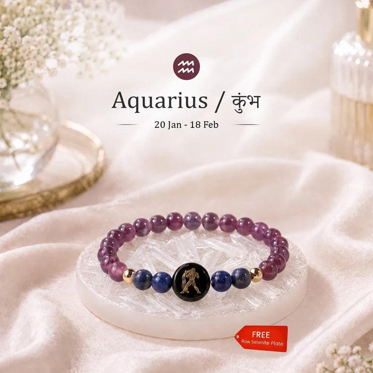 Kashi Rinmukteshwar Siddh Aquarius Zodiac Bracelet for Women with Free Raw Selenite Plate