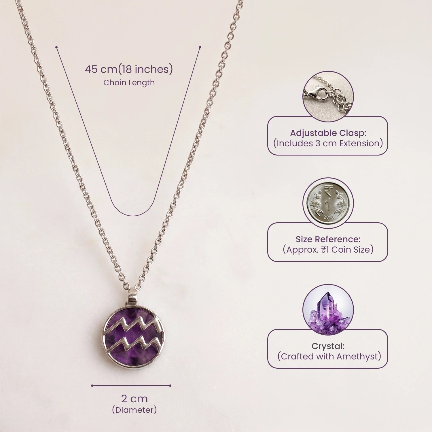 Aquarius Pendant (कुंभ राशि) with Amethyst