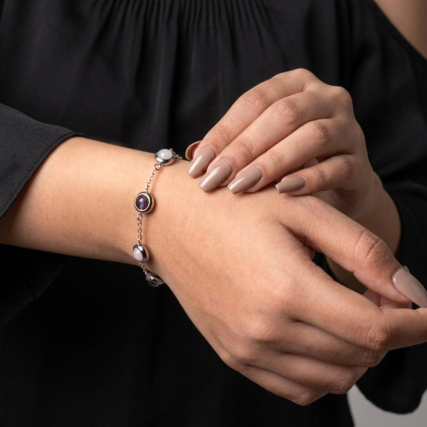 Rose Quartz & Amethyst Metal Bracelet