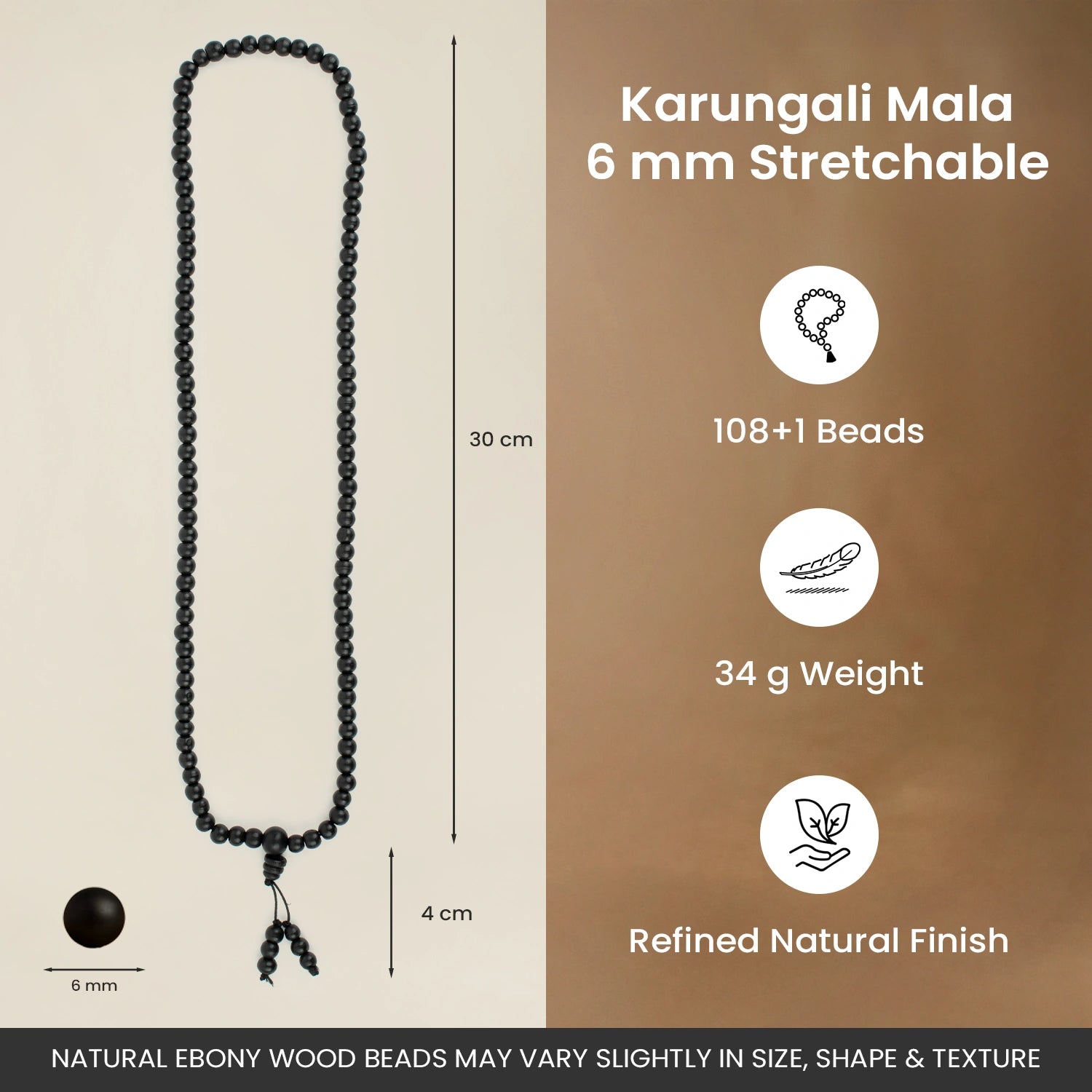 Karungali Malai 6mm Stretchable - 108+1 Beads (Original Ebony Wood)