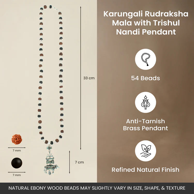 Shiv Raksha Karungali Rudraksha Mala with Trishul Nandi Pendant