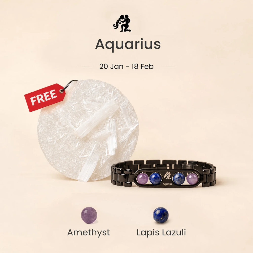Aquarius Zodiac Metal Bracelet with Free Raw Selenite Plate