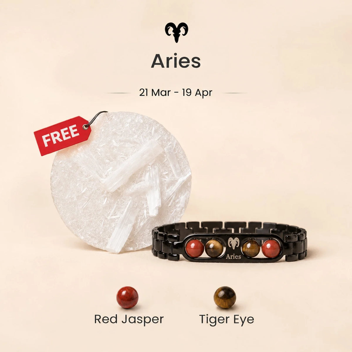 Kashi Rinmukteshwar Siddh Aries Zodiac Metal Bracelet with Free Raw Selenite Plate