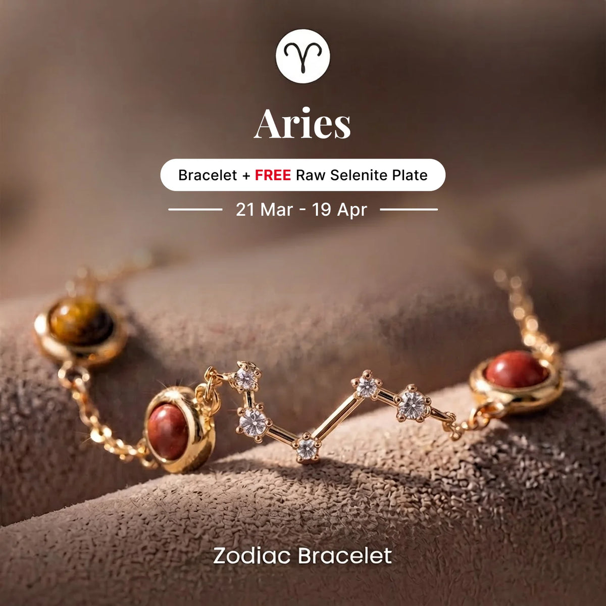Kashi Rinmukteshwar Siddh Aries Zodiac Constellation Bracelet with Free Raw Selenite Plate
