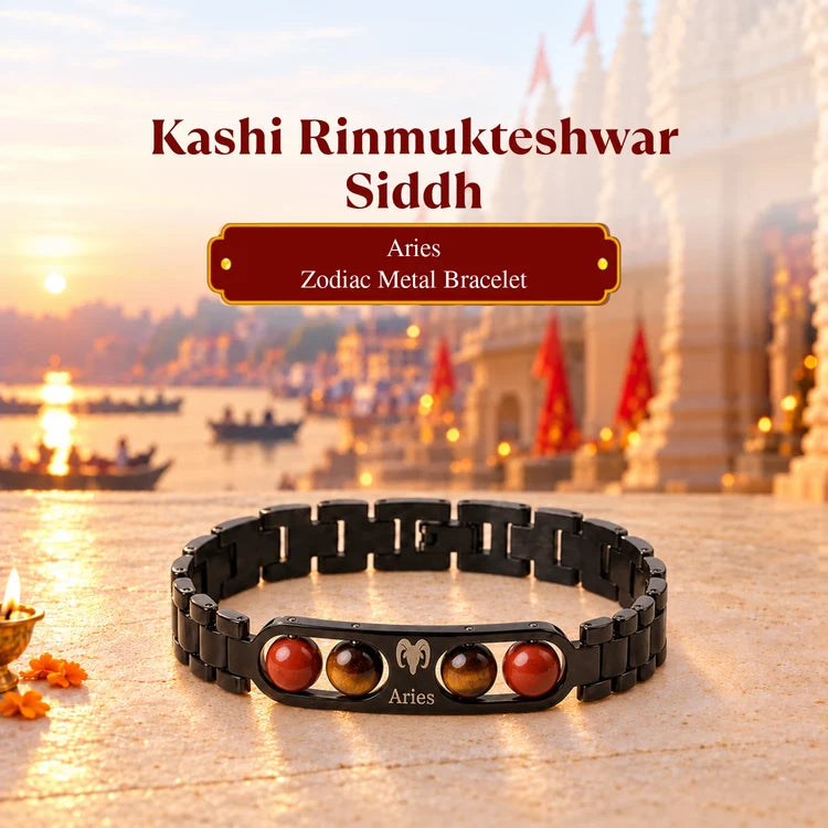 Kashi Rinmukteshwar Siddh Aries Zodiac Metal Bracelet with Free Raw Selenite Plate