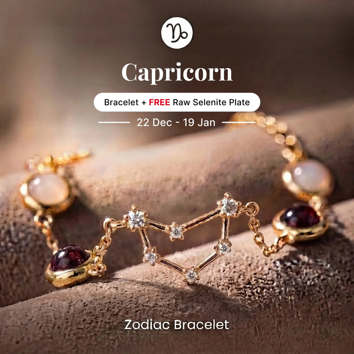 Kashi Rinmukteshwar Siddh Capricorn Zodiac Constellation Bracelet with Free Raw Selenite Plate