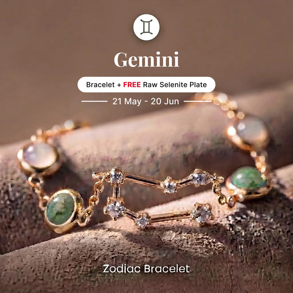 Gemini Zodiac Constellation Bracelet with Free Raw Selenite Plate
