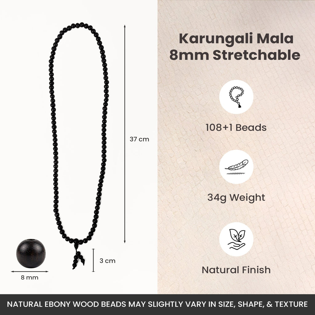 Karungali Malai 8mm Stretchable - 108+1 Beads (Original Ebony Wood)