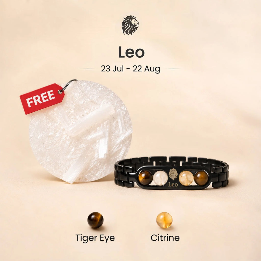 Kashi Rinmukteshwar Siddh Leo Zodiac Metal Bracelet with Free Raw Selenite Plate
