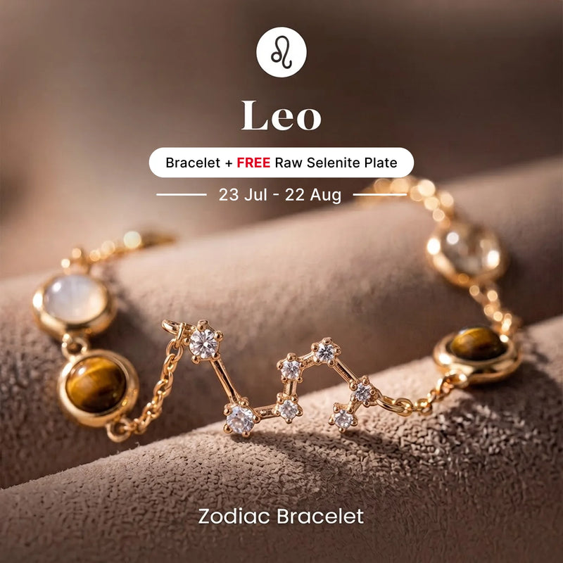 Leo Zodiac Constellation Bracelet with Free Raw Selenite Plate