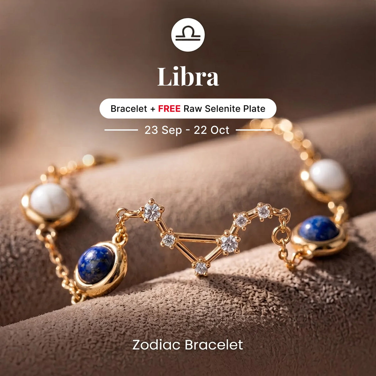 Kashi Rinmukteshwar Siddh Libra Zodiac Constellation Bracelet with Free Raw Selenite Plate