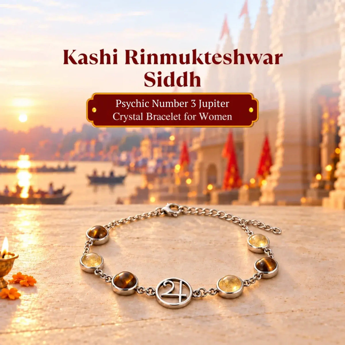 Kashi Rinmukteshwar Siddh Psychic Number 3 Jupiter Crystal Bracelet with FREE Raw Selenite Plate