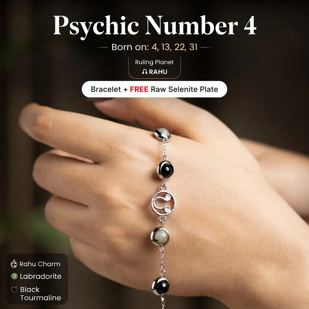Psychic Number 4 Rahu Crystal Bracelet with FREE Raw Selenite Plate