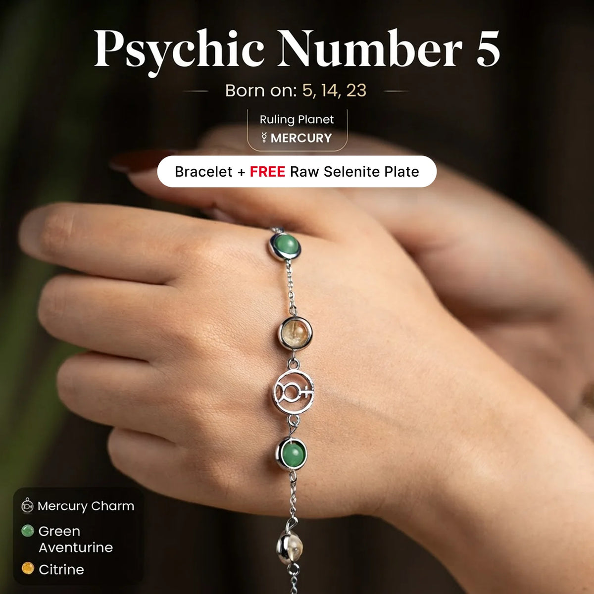 Psychic Number 5 Mercury Crystal Bracelet with FREE Raw Selenite Plate
