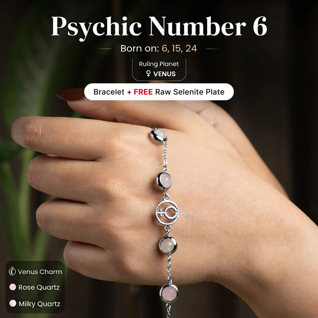 Kashi Rinmukteshwar Siddh Psychic Number 6 Venus Crystal Bracelet with FREE Raw Selenite Plate