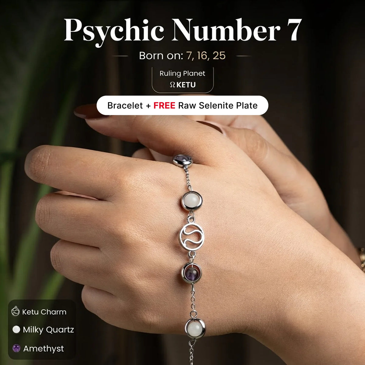 Psychic Number 7 Ketu Crystal Bracelet with FREE Raw Selenite Plate