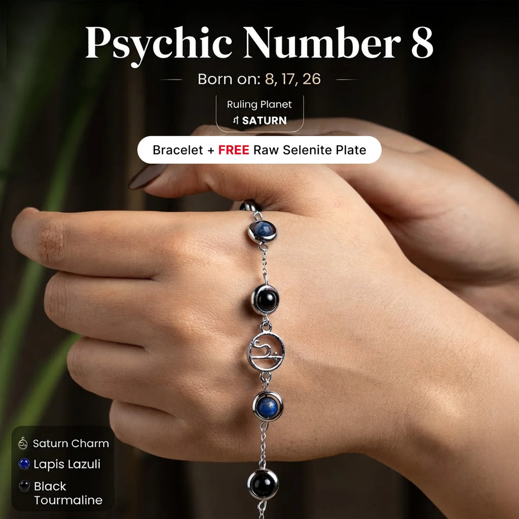 Kashi Rinmukteshwar Siddh Psychic Number 8 Saturn Crystal Bracelet with FREE Raw Selenite Plate
