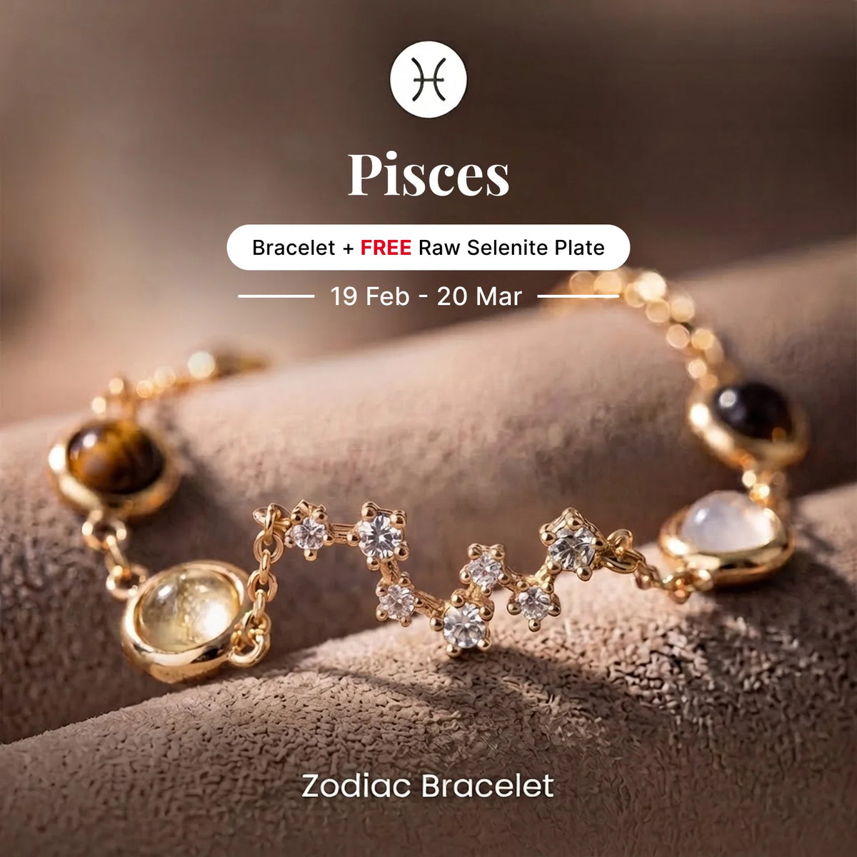 Kashi Rinmukteshwar Siddh Pisces Zodiac Constellation Bracelet with Free Raw Selenite Plate