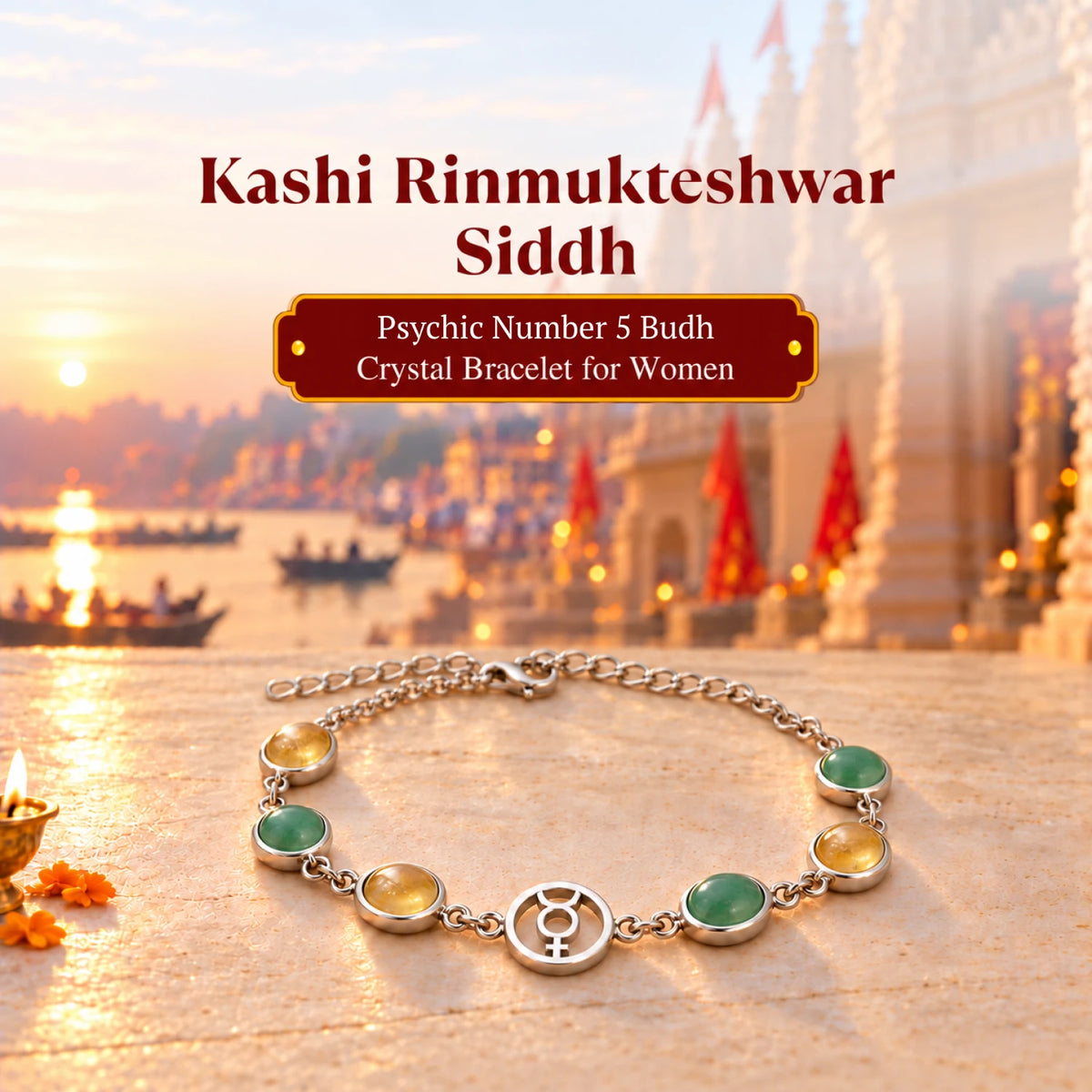 Kashi Rinmukteshwar Siddh Psychic Number 5 Mercury Crystal Bracelet with FREE Raw Selenite Plate