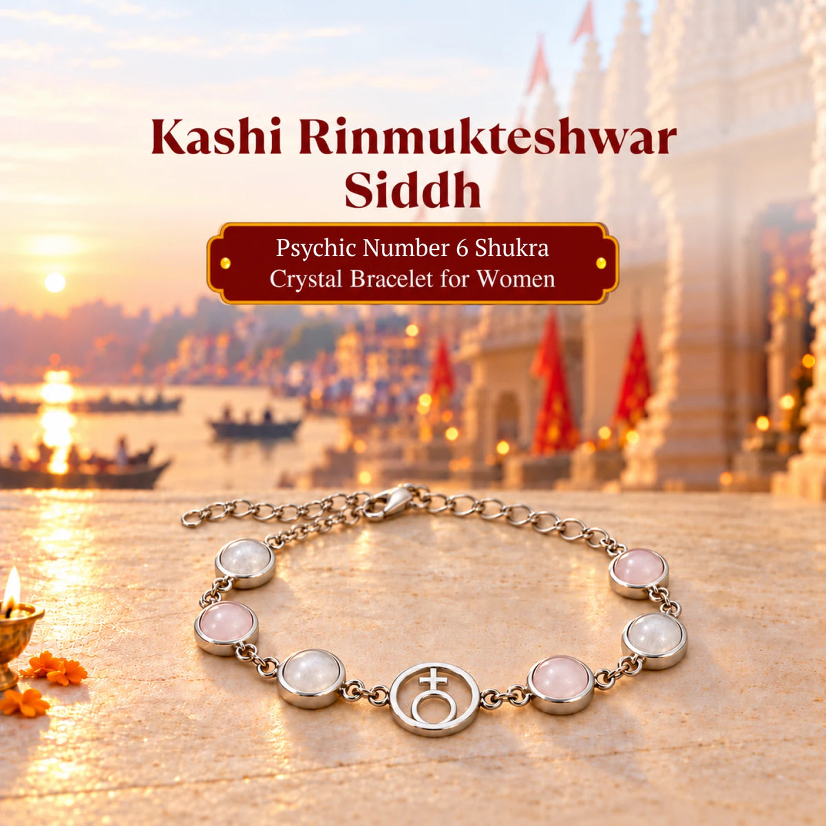 Kashi Rinmukteshwar Siddh Psychic Number 6 Venus Crystal Bracelet with FREE Raw Selenite Plate