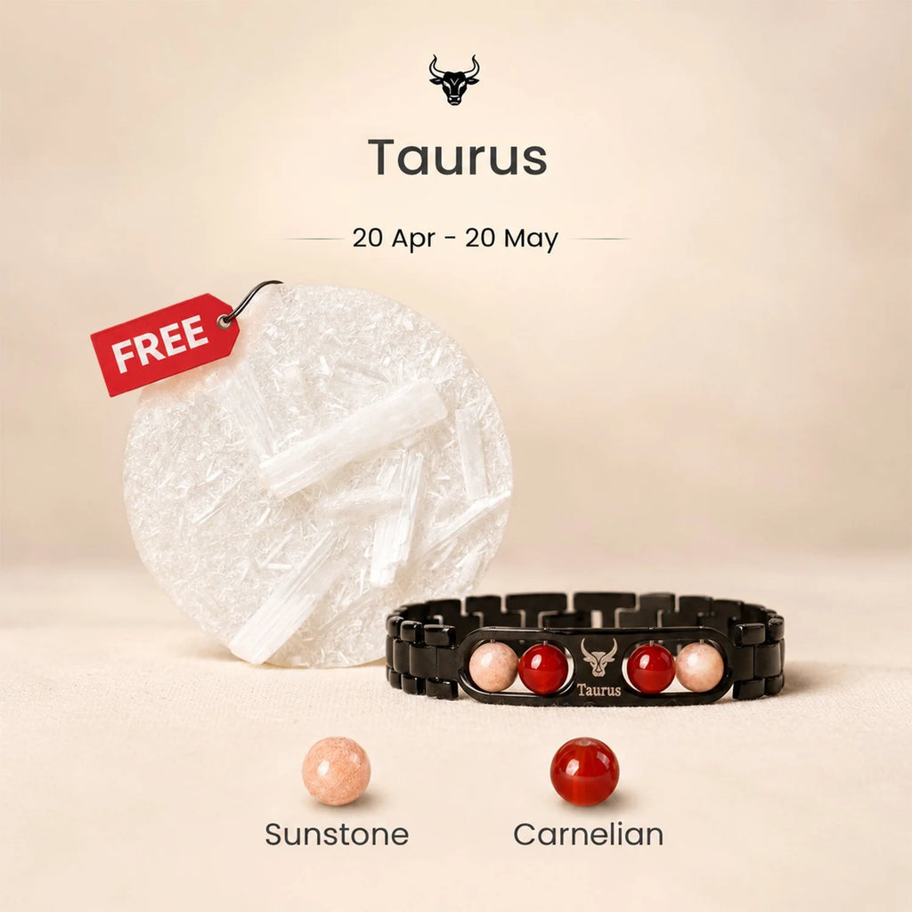 Kashi Rinmukteshwar Siddh Taurus Zodiac Metal Bracelet with Free Raw Selenite Plate