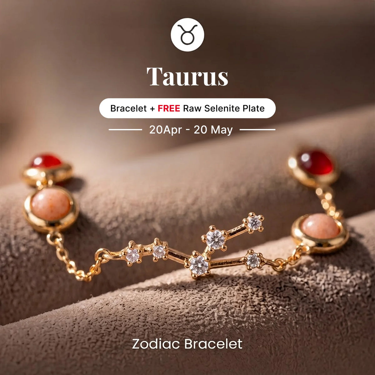 Kashi Rinmukteshwar Siddh Taurus Zodiac Constellation Bracelet with Free Raw Selenite Plate