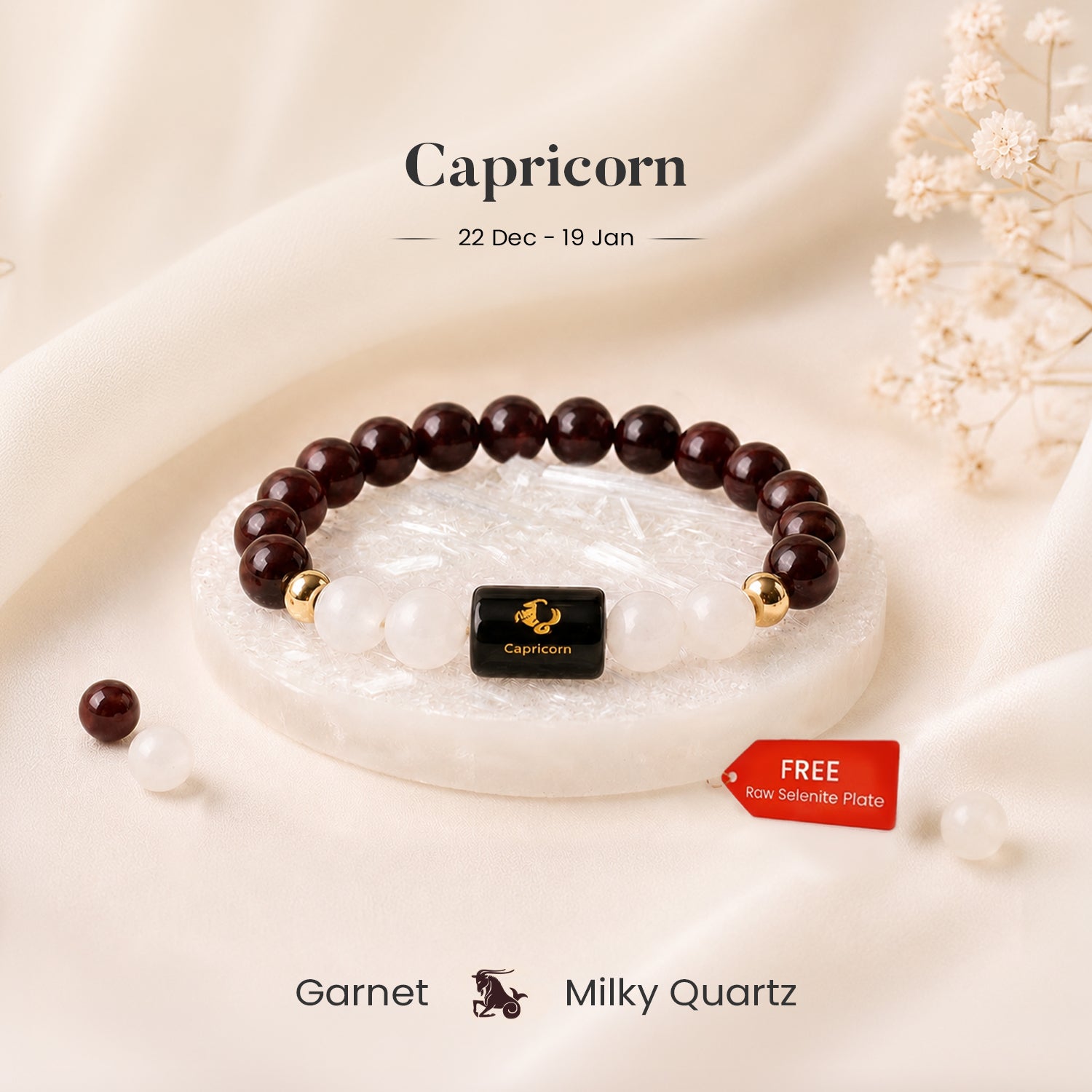 Capricorn Zodiac Garnet & Milky Quartz Bracelet