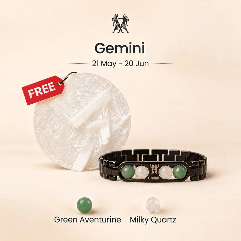 Gemini Zodiac Metal Bracelet with Free Raw Selenite Plate