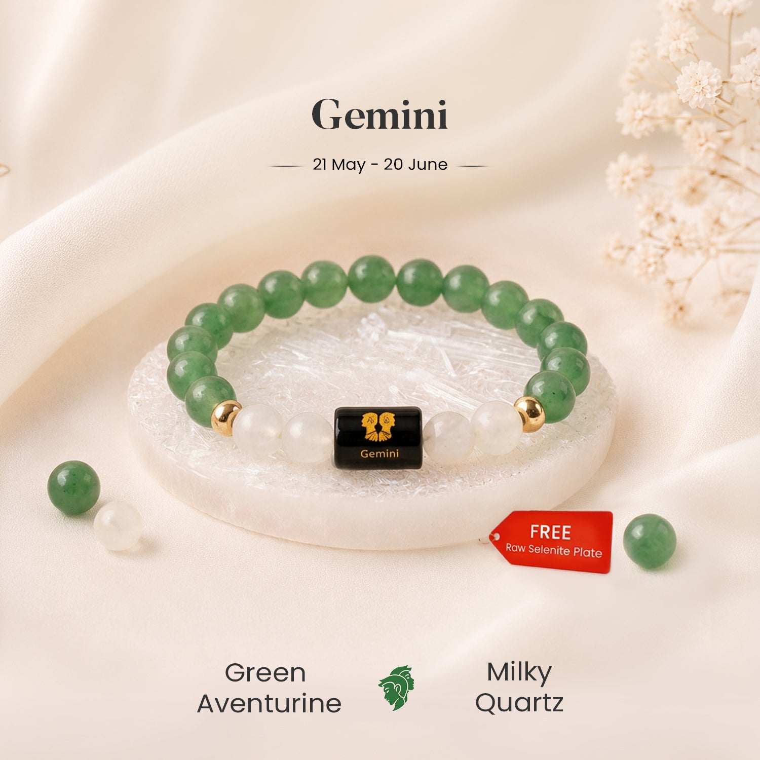 Gemini Zodiac Green Aventurine & Milky Quartz Bracelet