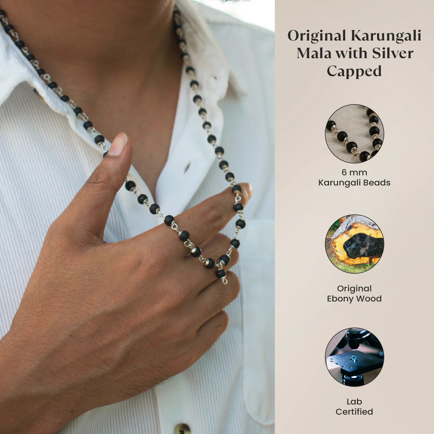 Karungali Malai Silver Capped || 6mm – 54+1 Beads (Original Ebony Wood) with Govt. Certification