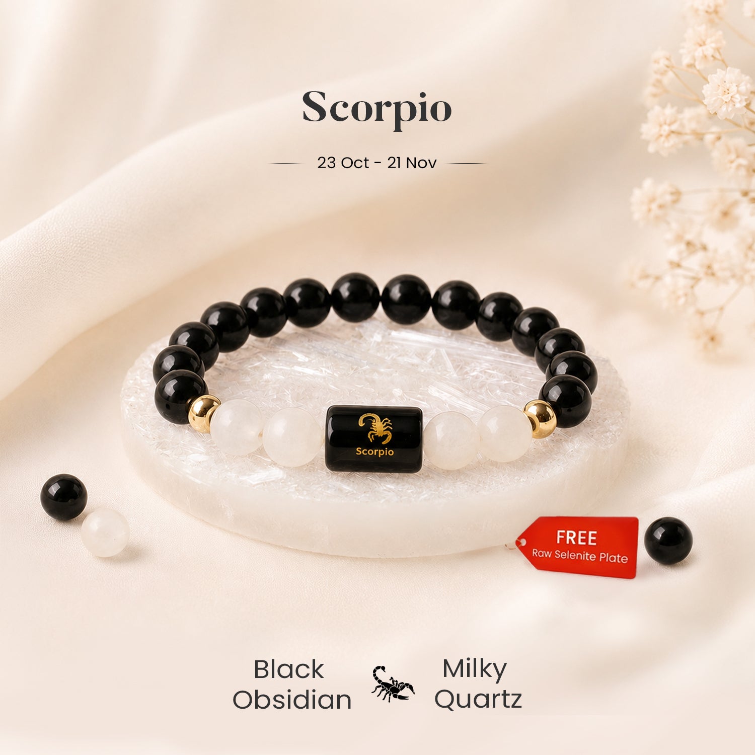 Scorpio Zodiac Black Obsidian & Milky Quartz Bracelet