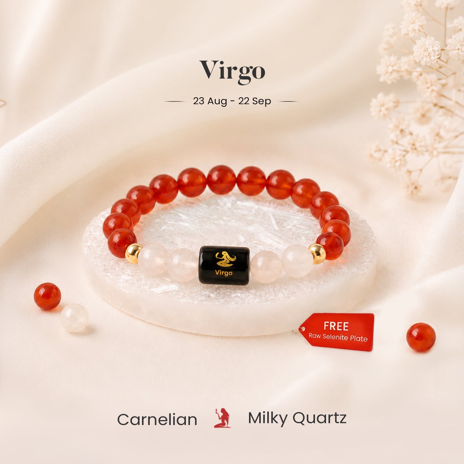 Virgo Zodiac Carnelian & Milky Quartz Bracelet